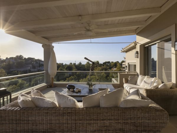 The well-shaded, panoramic terrace outside the communal space on the upper floor.
