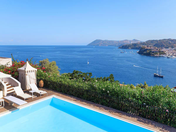 The glorious pool with its views out to the bay of Lipari Town.